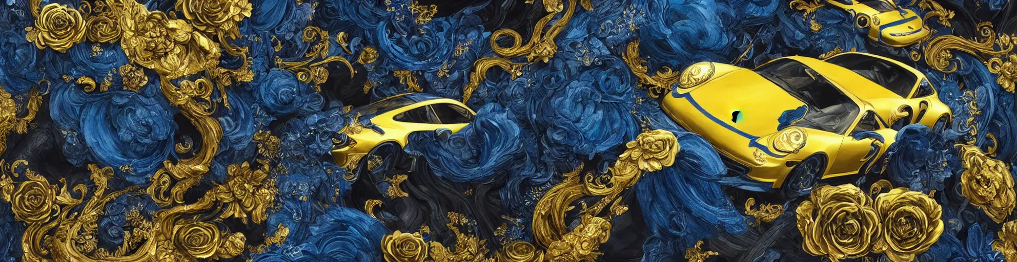 Prompt: black blue yellow porsche 9 1 1, complicated gold and blue flowers the baroque style decoration, dark fantasy, intricate, elegant, highly detailed, digital painting, artstation, concept art, matte, 3 d 8 k octane rendered, sharp focus, illustration, octane rendered, art by artgerm