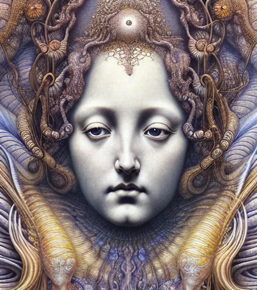 Image similar to detailed realistic beautiful lotus goddess face portrait by jean delville, gustave dore, iris van herpen and marco mazzoni, art forms of nature by ernst haeckel, art nouveau, symbolist, visionary, gothic, neo - gothic, pre - raphaelite, fractal lace, intricate alien botanicals, ai biodiversity, surreality, hyperdetailed ultrasharp octane render