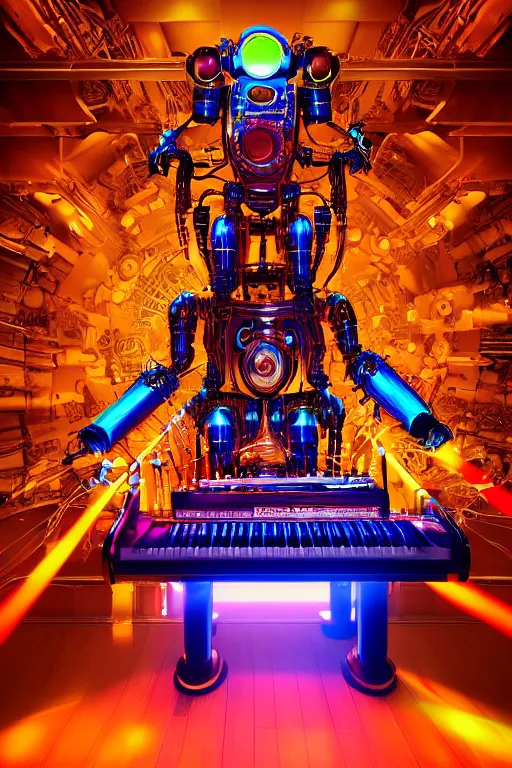 Prompt: portrait photo of a giant huge golden and blue metal humanoid steampunk robot keyboarder with multicolored big gears and tubes, a red piano, eyes are glowing red lightbulbs, shiny crisp finish, 3 d render, 8 k, insaneley detailed, fluorescent colors, background is multicolored lasershow