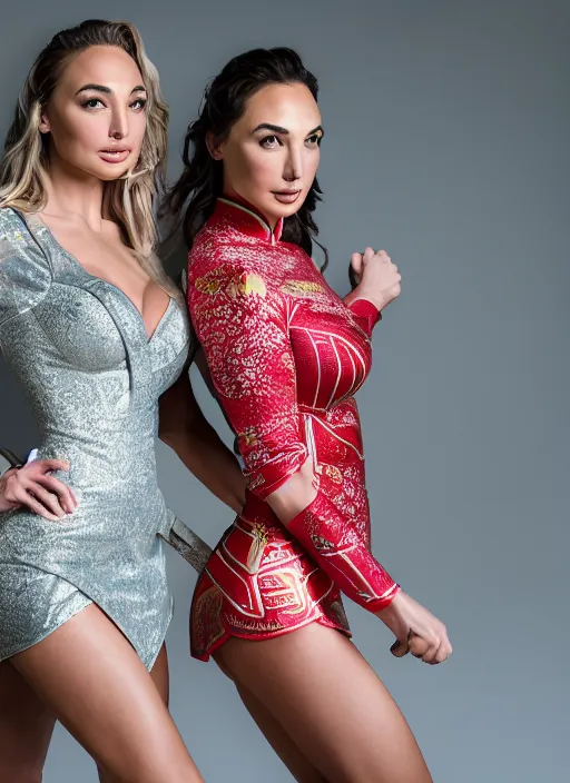 Image similar to portrait of lindsey pelas and gal gadot wearing cheongsam, by charlotte grimm, studio light, detailed face, canon eos c 3 0 0, ƒ 1. 8, 3 5 mm, 8 k, medium - format print, half body shot