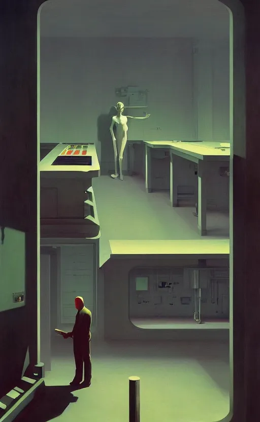 Prompt: Inside a Nuclear Secret Facility, very coherent, painted by Edward Hopper, Wayne Barlowe, painted by James Gilleard, airbrush, art by JamesJean