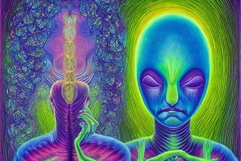 Image similar to painting of a tranquil alien made of light and glows meditating in dense forest by alex grey, acrylic art, ethereal, soothing, somber, elegant, warm light, cozy, breathtaking,