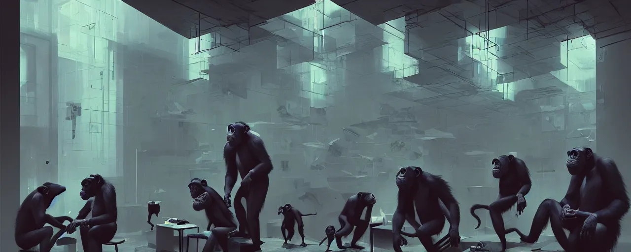 Prompt: duotone noir concept illustration of group wild and crazy chimps ruining inside of office rooms, octane render, concept hideo kojima surreal atmosphere, volumentric lighting. cosmic horror. accidental renaissance. by sachin teng and sergey kolesov and ruan jia and heng z. graffiti art, scifi, fantasy, hyper detailed. trending on artstation