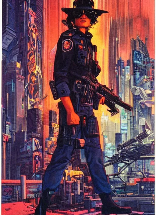 Prompt: cyberpunk cop. portrait by clyde caldwell and jean giraud and anton otto fischer and john philip falter and will eisner and gil elvgren