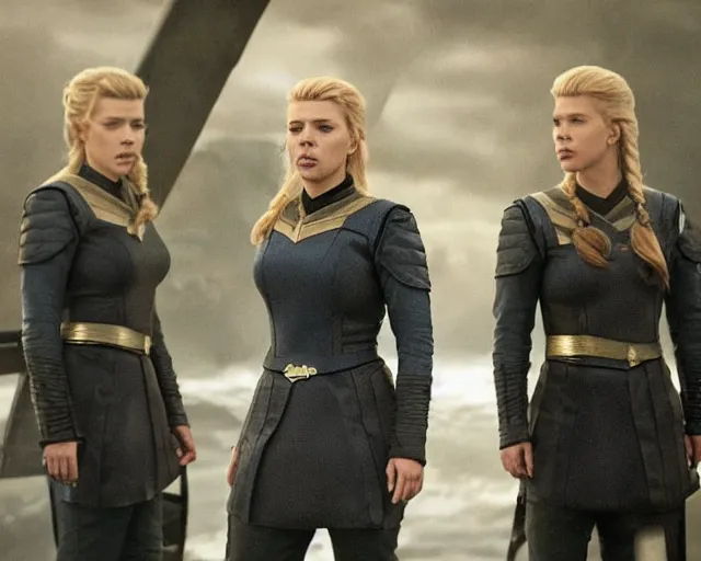 Image similar to starfleet uniform, scarlett johansson, in starfleet uniform, playing lagertha in a scene from the tv series vikings, directed by christopher nolan