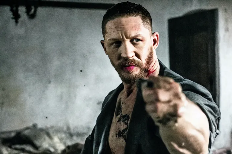 Image similar to film still of Tom Hardy as Max Payne in bedroom with a bed covered in blood in the Max Payne movie, 4k