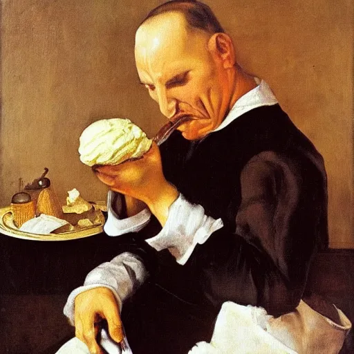 Image similar to a painting of a frustrated painter eating ice cream in diego velazquez style