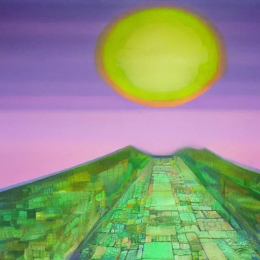 Image similar to a piece of purple sky with a green sun falls to the ground and breaks into fragments, futurism, schizophrenia, hyperrealistic fall