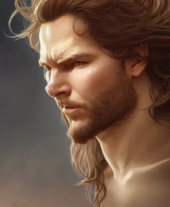 Prompt: portrait close up of guy, concentrated look, symmetry, long hair. d & d, fantasy, intricate, elegant, highly detailed, digital painting, artstation, concept art, art by artgerm and greg rutkowski and alphonse mucha, boris vallejo