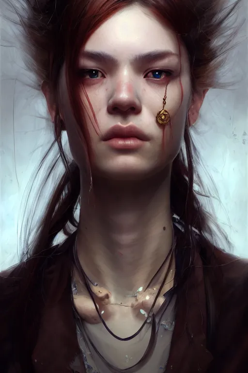 Image similar to A masterpiece portrait of a single Incredibly beautiful queer like a Syberian post apocalyptic shaman girl . medium shot, intricate, elegant, highly detailed. trending on artstation, digital art, by Stanley Artgerm Lau, WLOP, Rossdraws, James Jean, Andrei Riabovitchev, Marc Simonetti, Yoshitaka Amano