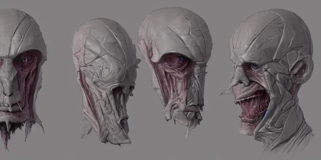 Image similar to flesh mask design, character sheet, Moebius, Greg Rutkowski, Zabrocki, Karlkka, Jayison Devadas, Phuoc Quan, trending on Artstation, 8K, ultra wide angle, zenith view, pincushion lens effect.