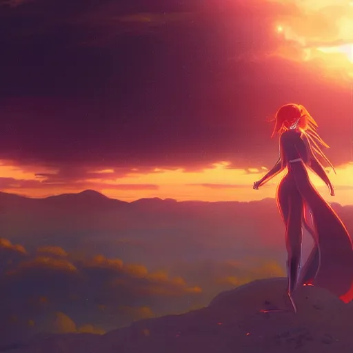 Prompt: a redhead cyborg woman at sunset, a matte painting by makoto shinkai, featured on pixiv, neo - romanticism, anime aesthetic, matte painting, 2 d game art