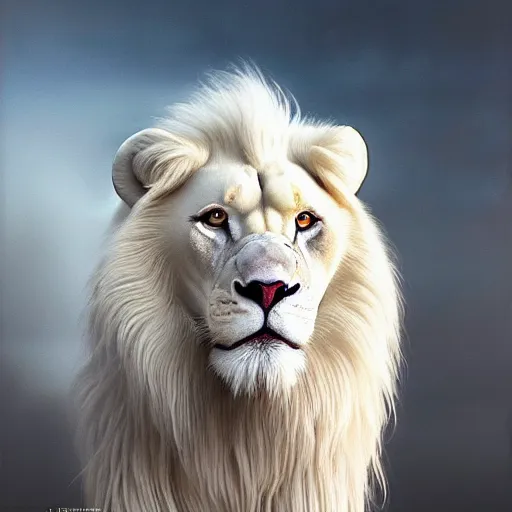 Image similar to a full body photograph of a white lion,photorealiatic,hyperdetailed,hyperrealistic,studio lighting,studio photography,professional photography,professional lighting,detailed face,3 point lighting,4k,dramatic,digital art,ultra realistic,ultra detailed,art by greg rutkowski