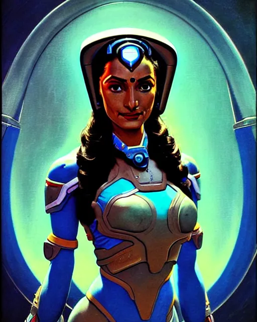 Image similar to symmetra from overwatch, character portrait, portrait, close up, concept art, intricate details, highly detailed, vintage sci - fi poster, retro future, in the style of chris foss, rodger dean, moebius, michael whelan, and gustave dore