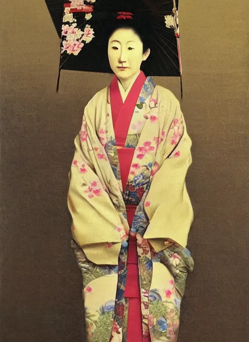 Prompt: Painting of a Japanese woman in the style of Jean-Léon Gérôme, kimono, cherry blossoms