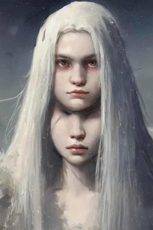 Image similar to a fancy portrait of a young female teenager with long white hair by greg rutkowski, sung choi, mitchell mohrhauser, maciej kuciara, johnson ting, maxim verehin, peter konig, bloodborne, 8 k photorealistic, cinematic lighting, hd, high details, dramatic, dark atmosphere, trending on artstation