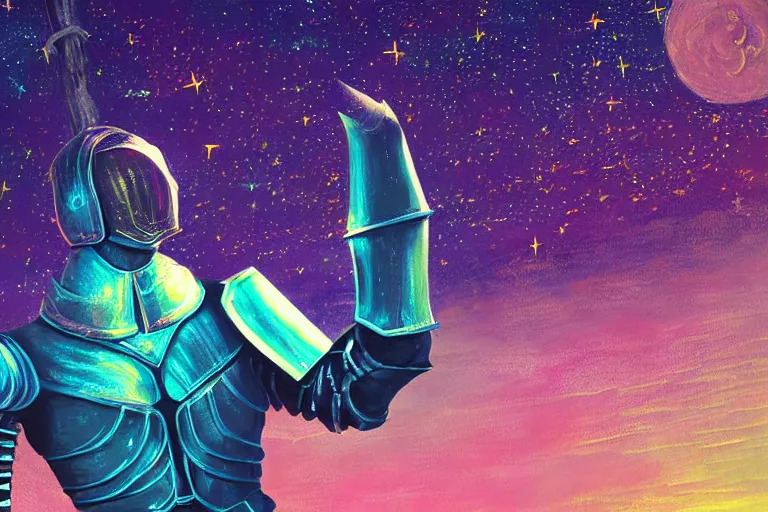 Image similar to digital art of a spiritual medieval knight wearing suit of armor looking up at the stars, acrylic art, universe, painting, pastel colors, synthwave, retro, cyberpunk,