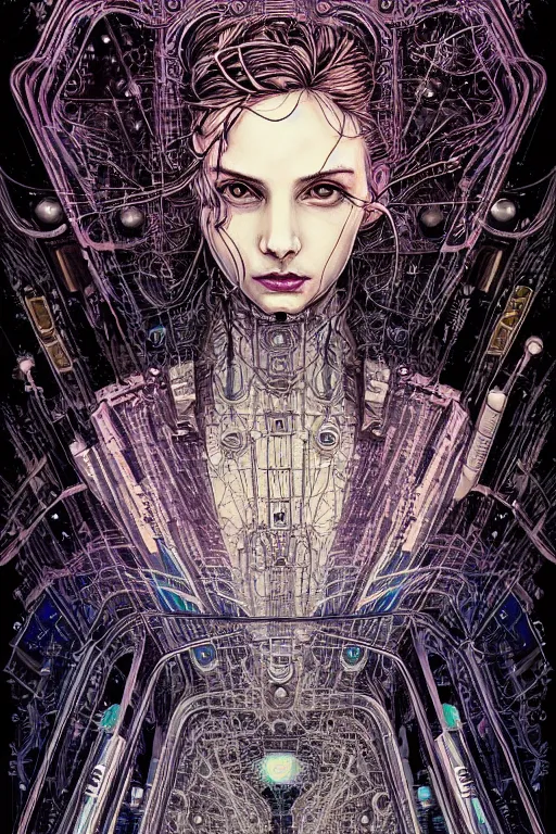 Prompt: dreamy cyberpunk girl, quantum computers, beautiful woman, detailed acrylic, grunge, intricate complexity, by dan mumford and by alberto giacometti, arthur rackham