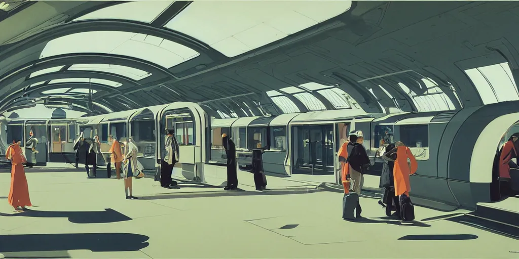 Image similar to retrofuturistic train station by syd mead and ron cobb