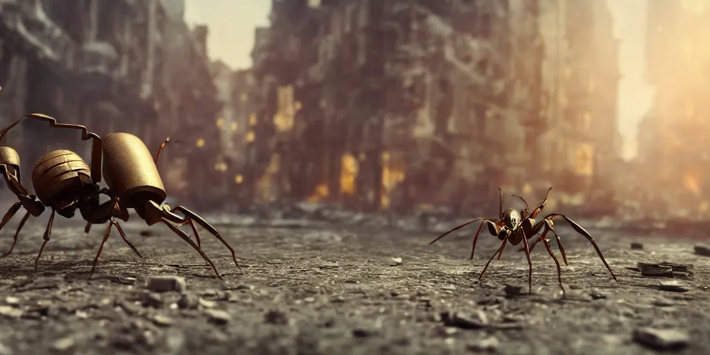 Prompt: giant steampunk ant in a destroyed city, 8 k, moody lighting, shallow depth of field,