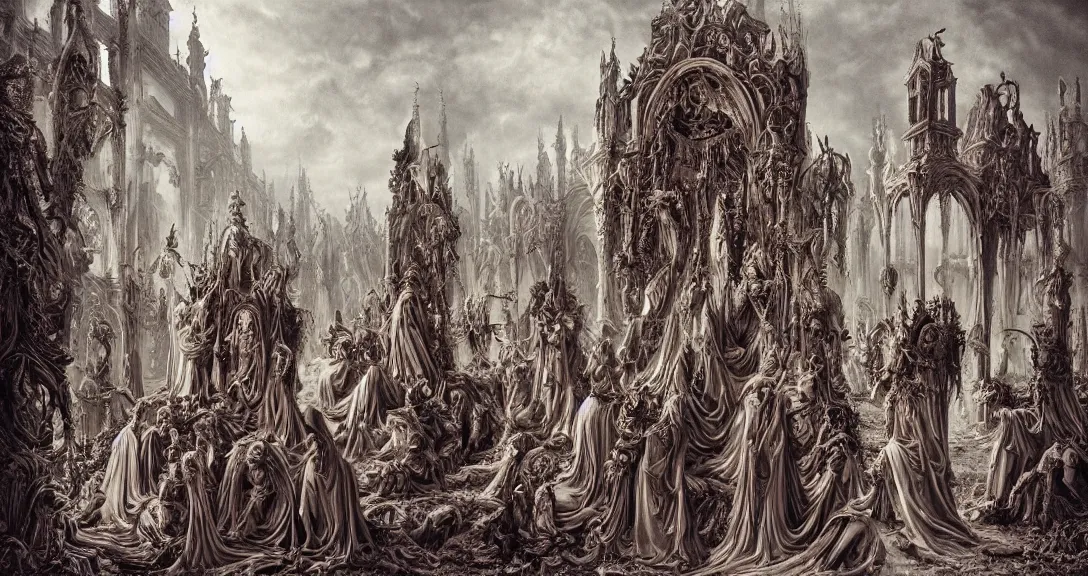 Image similar to photo of sacred blasphemous ritual of the undead, style of Peter Gric, lavish rococo baroque setting, fashion-photography, unholy ceremony, sacrilegious rite, evil, menacing, ominous, threatening, sinister, malevolent. Highly-detailed, photographic, cinematic, dramatic, establishing shot