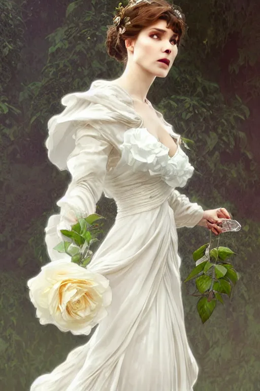 Prompt: woman dressed in a vaporous wrapped large victorian white roses silk dress fashion, D&D, fantasy, intricate, elegant, highly detailed, digital painting, artstation, concept art, matte, sharp focus, illustration, art by Artgerm and Greg Rutkowski and Alphonse Mucha