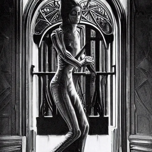 Image similar to detailed still of beautiful Ripley-Sigourney Weaver wearing a white singlet and cat Jonesy moving apartment New York City 1983, gothic building entrance way Art Deco H.R. Giger, cinematic feel, high octane