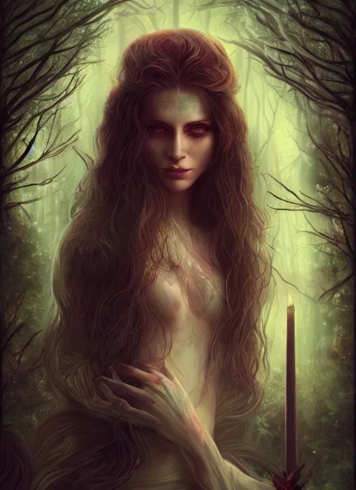 Prompt: tarot!!, pale, beautiful witch with long hair, vivid colors, elegant, moonlit forest, concept art, sharp focus, digital art, Hyper-realistic, 4K, Unreal Engine, Highly Detailed, Dramatic Lighting, Beautiful, by Brom!!!!, trending on Artstation, Tom Bagshaw