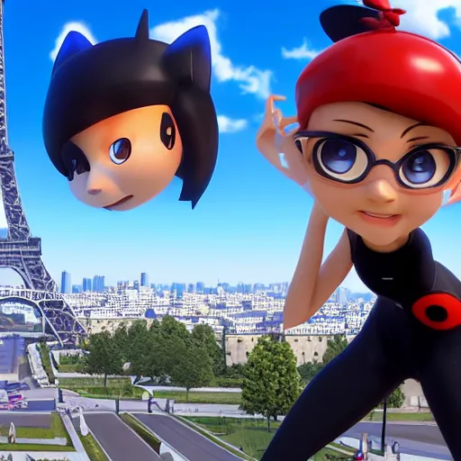 Image similar to Marinette Dupain-Cheng from Miraculous: Tales of Ladybug & Cat Noir action pose in front of the eiffel tower, octane render, close-up, fresh, sunny day