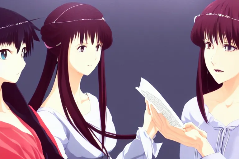 Prompt: portrait of two wise and very beautiful women discussing some texts appearing in a computer screen, art by ufotable, matte, intricate, elegant, highly detailed, smooth, sharp focus, artstation