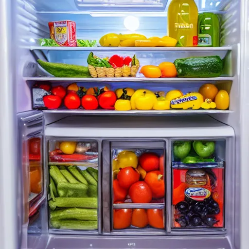 Prompt: fridge full of food, highly detailed, high quality, HD, 4k, 8k, Canon 300mm, professional photographer, 40mp, lifelike, top-rated, award winning, realistic, sharp, no blur, edited, corrected, trending