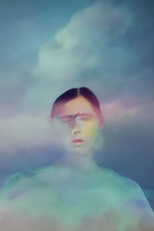 Image similar to high quality pastel coloured film close up wide angle photograph of a model wearing clothing swimming on cloud furniture in a icelandic black rock!! environment in a partially haze filled dreamstate world. three point light, rainbow. photographic production. art directed. pastel colours. volumetric clouds. pastel gradient overlay. waves glitch artefacts. extreme facial clarity. 8 k. filmic.