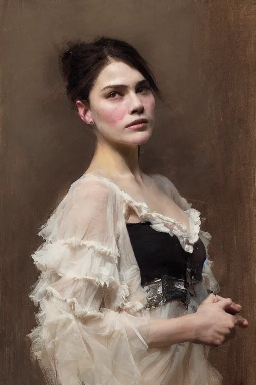 Prompt: Richard Schmid and Jeremy Lipking victorian genre painting full length portrait painting of a young beautiful woman dancer