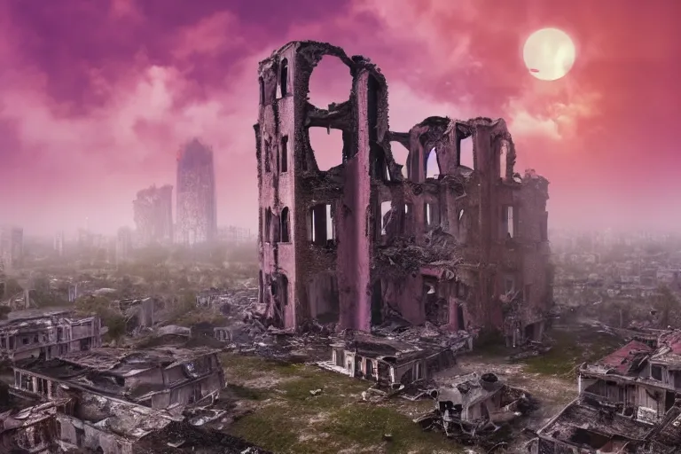 Prompt: Stunning photorealistic background of a city in ruin in a strange purple dimension with a large red sun looming in the distance on a rainy and foggy day, A large tower stands in the center of the crumbling buildings, parallax background