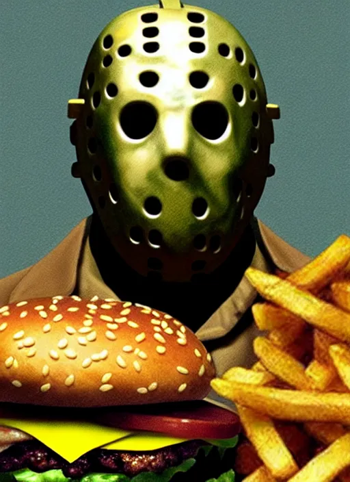 Image similar to hyper detailed 3d render like a Oil painting - Jason Voorhees (Friday the 13th) seen Eating hamburgers and french fries and big macs from mcdonalds by Jacek Yerka, Mariusz Lewandowski, Houdini algorithmic generative render, Abstract brush strokes, Masterpiece, Edward Hopper and James Gilleard, Zdzislaw Beksinski, Mark Ryden, Wolfgang Lettl, hints of Yayoi Kasuma, octane render, 8k