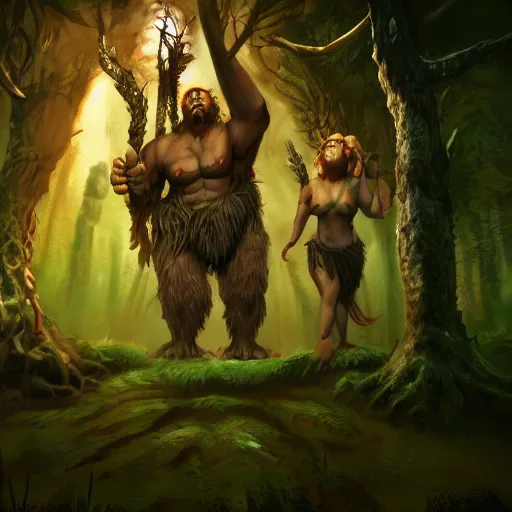 Image similar to a giant ettin with two heads from dnd in a dark forest, digital art, high quality render, artstation