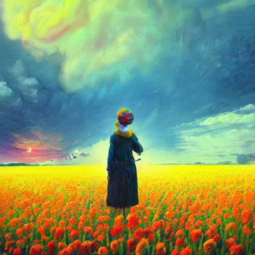 Image similar to woman with big flower face, standing in flower field, surreal photography, sunrise dramatic light, impressionistic painting, colorful clouds, artstation, dali, simon stalenhag