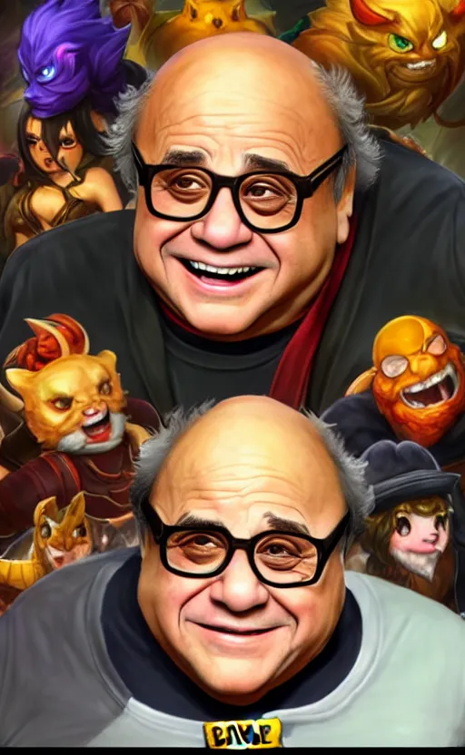 Image similar to Danny DeVito as a character in the game League of Legends, with a background based on the game League of Legends, detailed face, old 3d graphics