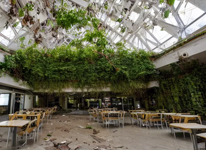 Image similar to a restaurant in an abandoned mall in the 1 9 8 0 s, taken over by nature, covered in vines