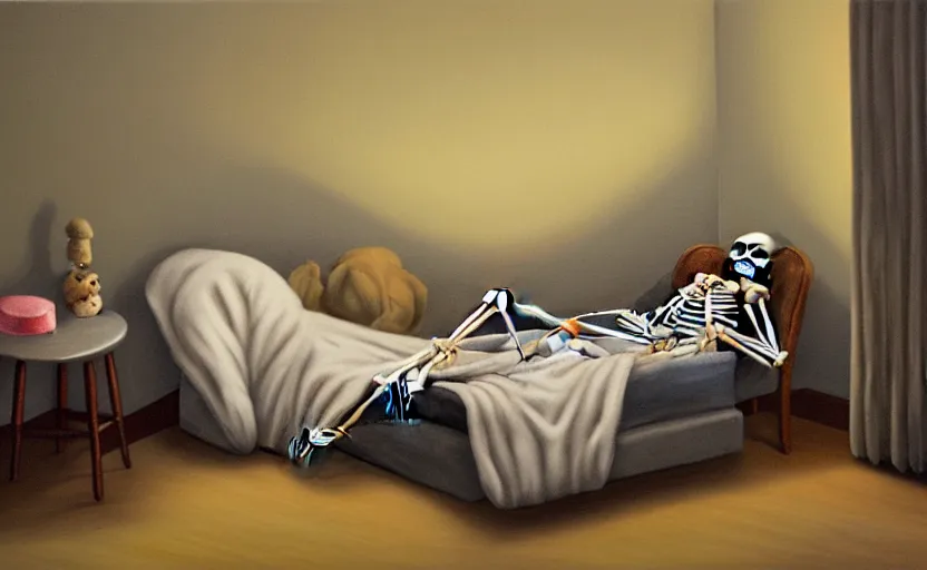 Prompt: matte oil painting of a clothed skeleton dressed in pajama robes and nightcaps and slippers inside of a dim bedroom that is full of furniture and toys, by tim jacobus, sleepy, cozy, warm