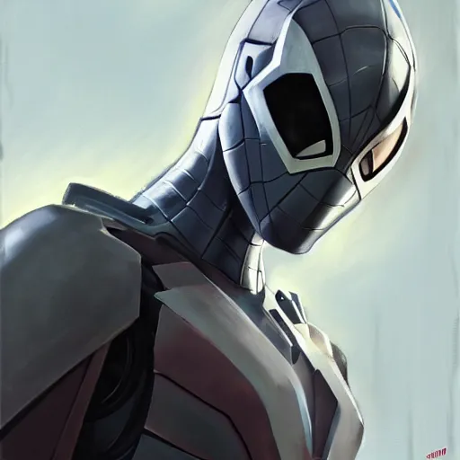 Image similar to greg manchess portrait painting of armored spiderman ultraman grey fox from metal gear cyborg gay japanese - american hybrid as overwatch character, medium shot, asymmetrical, profile picture, organic painting, sunny day, matte painting, bold shapes, hard edges, street art, trending on artstation, by huang guangjian and ail elvgren and sachin teng