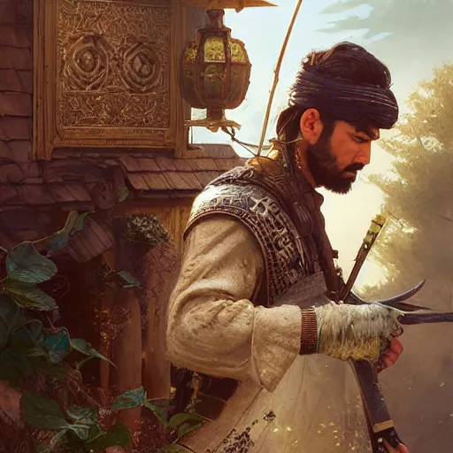 Image similar to Hyper realistic detailed portrait of Kurdish samurai, Stephen Bliss, unreal engine, fantasy art by Greg Rutkowski, Loish, Rhads, ferdinand knab, Makoto Shinkai and Lois van baarle, ilya kuvshinov, rossdraws, Tom Bagshaw, alphonse mucha, global illumination, radiant light, detailed and intricate environment, highly detailed, award winning art