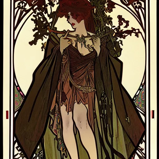 Image similar to Illustration by Alphonse Mucha of a female vampire