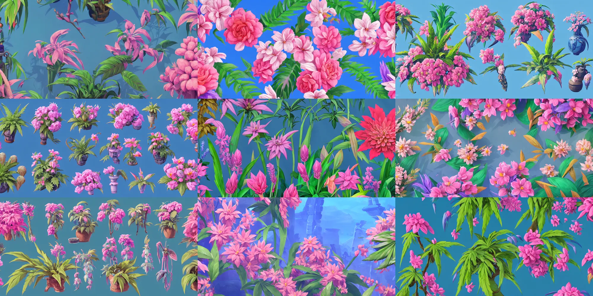 Prompt: game asset of closeup of exotic pot plants and flowers, in gouache detailed paintings, props, stylized, 2 d sprites, kitbash, arcane, overwatch, blue and pink color scheme, 8 k, close up