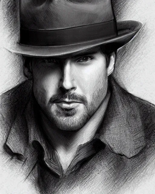 Image similar to portrait of a detective, zoomed in, noir, fedora, tweed coat, confident, handsome, heavy shading, vintage, high quality, by artgerm, artstation, ( ( ( by ilya repin ) ) )