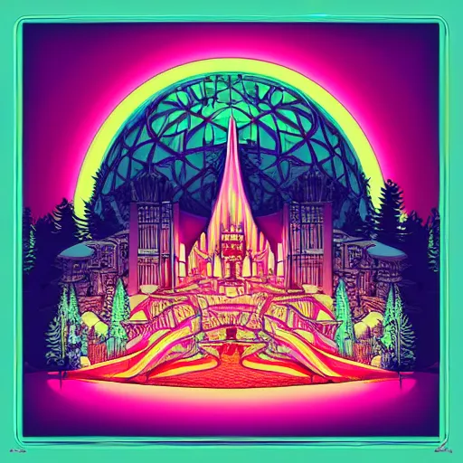 Prompt: mystical psychedelic poster with shaded lighting in the style of andriod jones, radiant light, detailed and complex environment, solace, beautiful, utopic astral city in the sky with many buildings and temples reflecting an modern city on the ground with old growth pine trees, overlaid sacred geometry, with implied lines, gradient of hot pink and neon baby blue