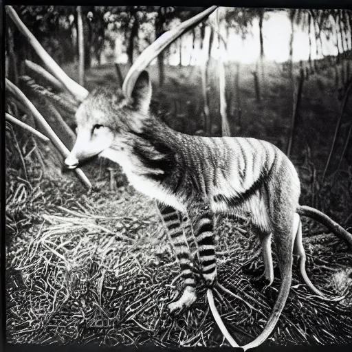 Image similar to ''a sebastião salgado's photograph of a thylacine caught in the wild''