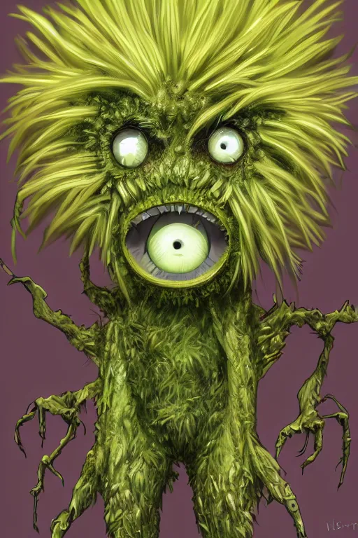 Image similar to a humanoid figure dandelion moss plant monster, large eyes and menacing smile, highly detailed, digital art, sharp focus, trending on art station, anime art style