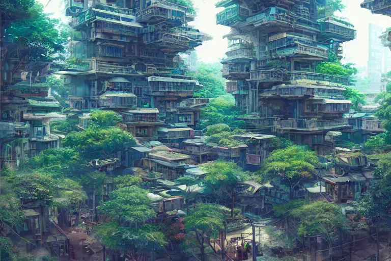 Prompt: solarpunk kowloon walled forest city built by frank lloyd wright, still from studio ghibli anime movie, cyberpunk tree house, digital art, artgerm, trending on artstation