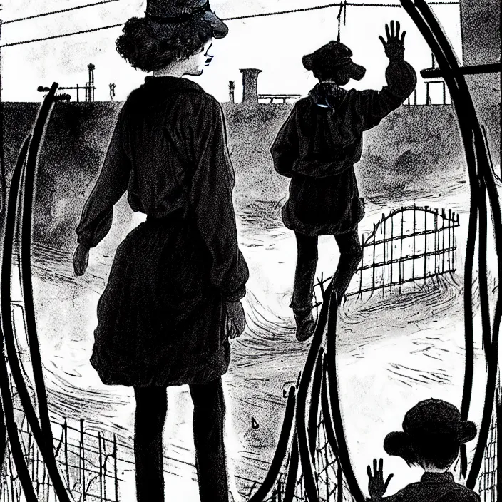 Image similar to sadie sink in dirty workmen clothes waves goodbye to workmen. near a gate. background : factory, dirty, polluted. technique : black and white pencil and ink. by gabriel hardman, joe alves, chris bonura. cinematic atmosphere, detailed and intricate, perfect anatomy